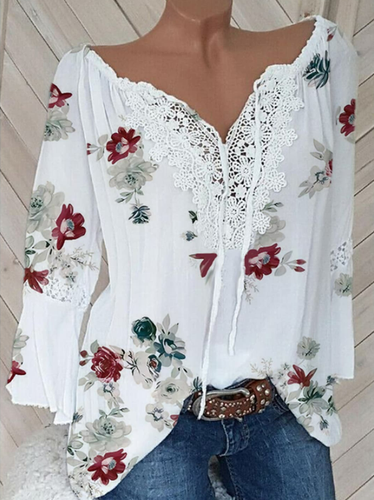 Casual V Neck Lace Regular Fit Blouse - Just Fashion Now - Modalova