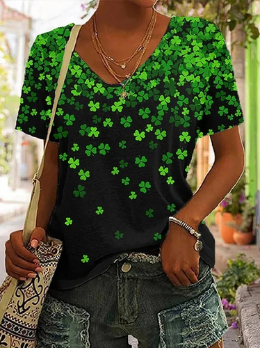 St. Patrick's Day Shamrock Print Short Sleeve Casual T-Shirt - Just Fashion Now - Modalova
