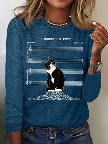 Women's The Sound Of Silence Funny Cute Cat Musical Staff Graphic Printing Casual Regular Fit Cat Crew Neck Shirt - Just Fashion Now - Modalova