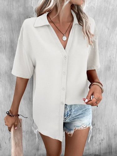 Casual Loose Shirt Collar Plain Blouse - Just Fashion Now - Modalova