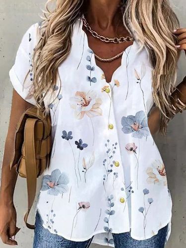 Buttoned Loose Casual V Neck Blouse - Just Fashion Now - Modalova