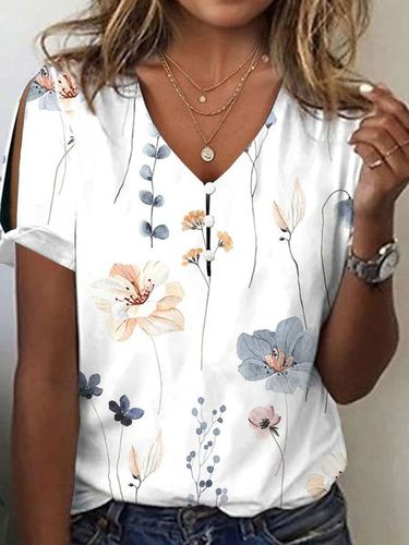 Casual Jersey V Neck Floral Shirt - Modetalente - Modalova