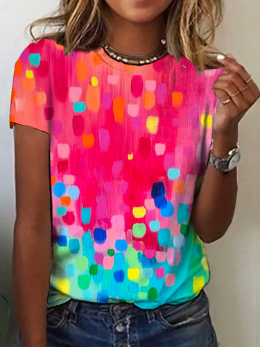 Crew Neck Casual Ombre Loose Rainbow Dot Short Sleeve T-Shirt - Just Fashion Now - Modalova