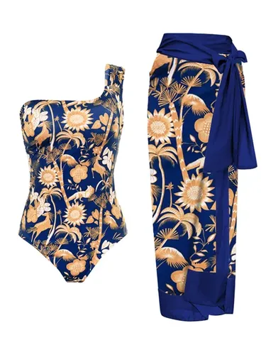 Vacation Floral Printing One Shoulder One Piece With Cover Up - Just Fashion Now - Modalova