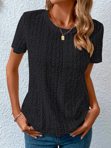 Loose Casual Crew Neck Solid Eyelet Embroidery Round Neck Tee - Just Fashion Now - Modalova