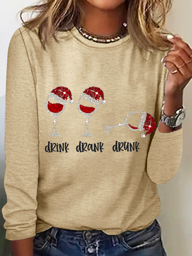 Women's Funny Christmas Drink Drank Drunk Red Wine Glass Casual Crew Neck Regular Fit Shirt - Modetalente - Modalova