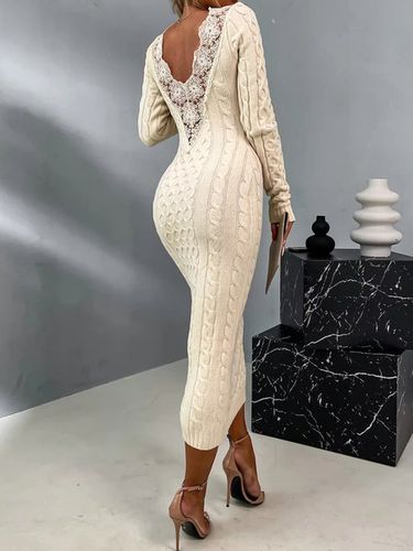 Elegant V Neck Lace Back Sweater Dress - Modetalente - Modalova