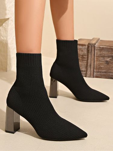 Women Minimalist High-Elastic Mesh Fabric Chunky Heel Sock Boots - Modetalente - Modalova