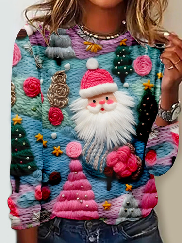 Pink Santa Claus Pattern Crew Neck Regular Fit Casual Long Sleeve Print Shirt - Modetalente - Modalova