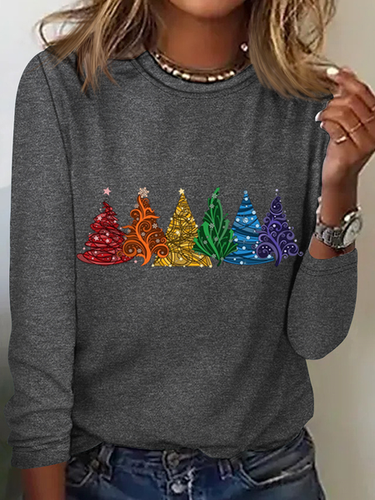 Women's Christmas Tree Cotton-Blend Crew Neck Casual Long Sleeve Shirt - Just Fashion Now - Modalova