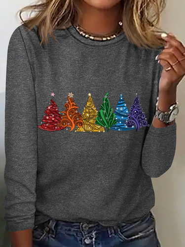 Women's Christmas Tree Cotton-Blend Crew Neck Casual Long Sleeve Shirt - Modetalente - Modalova