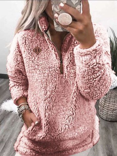 Casual Fluff/Granular Fleece Fabric V Neck Plain Sweatshirt - Just Fashion Now - Modalova