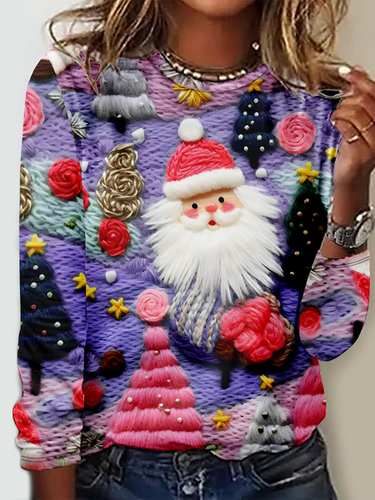 Pink Santa Claus Pattern Crew Neck Regular Fit Casual Long Sleeve Print Shirt - Modetalente - Modalova