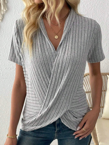 Casual Cotton-Blend Loose Striped Solid Color Criss-cross Wrap Ribbed Knit T-Shirt - Just Fashion Now - Modalova