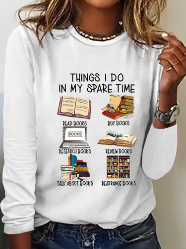 Women's Funny Book Lover Things I Do In My Spare Time Simple Crew Neck Text Letters Long Sleeve Shirt - Modetalente - Modalova