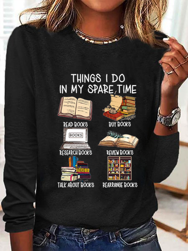 Women's Funny Book Lover Things I Do In My Spare Time Simple Crew Neck Text Letters Long Sleeve Shirt - Modetalente - Modalova