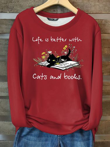 Women's Life Is Better With Cats And Books Casual Cotton-Blend Fleece Sweatshirt - Just Fashion Now - Modalova