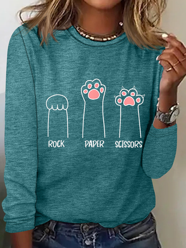 Rock Paper Scissors Hand Game Cute Paw Funny Cat Cotton-Blend Regular Fit Crew Neck Simple Long Sleeve Shirt - Modetalente - Modalova