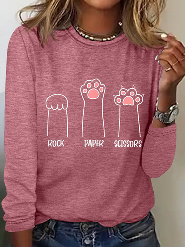 Rock Paper Scissors Hand Game Cute Paw Funny Cat Cotton-Blend Regular Fit Crew Neck Simple Long Sleeve Shirt - Modetalente - Modalova