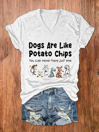 Women's Dogs Are Like Potato Chips You Can Never Have Just One Print V Neck Vintage Dog T-Shirt - Modetalente - Modalova