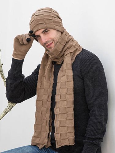 Men 2/3PCS Solid Color Keep Warm Sets Fashion Casual Wool Hat Beanie Scarf Full-finger Gloves - Newchic - Modalova