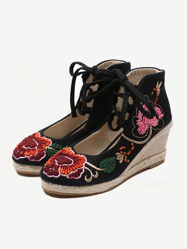 Embroidery Rhinestone Wedge Heel Shoes - Newchic - Modalova