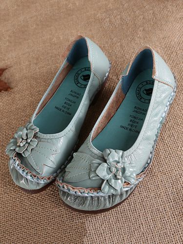 Leather Round Toe Stitching Comfortable Slip On Vintage Flat Shoes - Newchic - Modalova