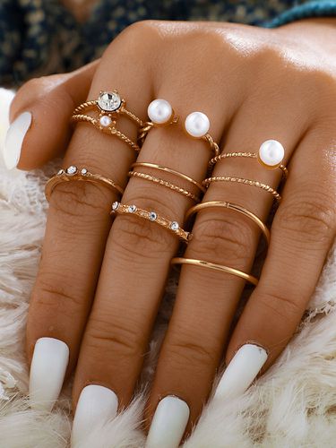 Pcs/Set Simple Ring Set Pearl Mount Gold Open Ring Women Joint Ring Jewelry - Newchic - Modalova