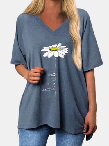 Daisy Floral Printed Short Sleeve V-Neck Long T-shirt - Newchic - Modalova