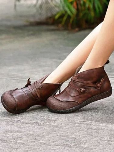 Women Retro Suede Patchwork Strappy V Shape Zipper Flat Ankle Boots - Newchic - Modalova