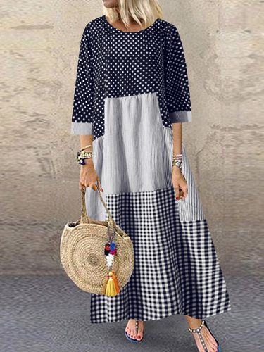 Polka Dot Plaid Patchwork Long Sleeve Plus Size Maxi Dress - Newchic - Modalova