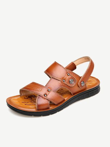 Men Cow Leather Pure Color Adjustabler Heel Strap Casual Beach Sandals - Newchic - Modalova