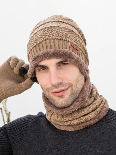 Men 3PCS Solid Color Keep Warm Sets Fashion Casual Wool Hat Beanie Scarf Full-finger Gloves - Newchic - Modalova