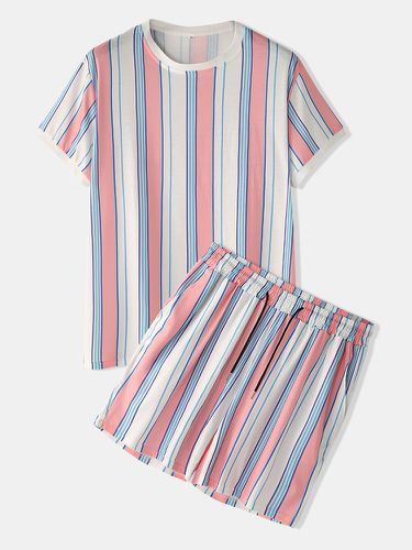 Men Colorful Striped Sleepwear Short Sleeve Pajamas Set Home Soft Cozy Loungewear - Newchic - Modalova