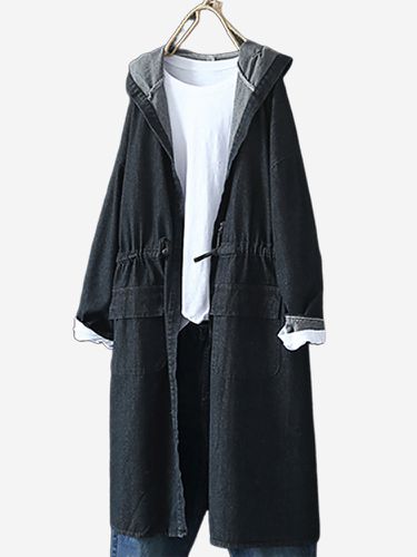 Denim Solid Color Hooded Trench Coat - Newchic - Modalova