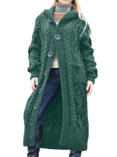 Solid Color Ribbed Button Long Hooded Sweater Coat - Newchic - Modalova