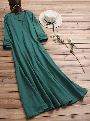 Women Vintage Cotton Tunic Baggy Long Sleeve Maxi Dress - Newchic - Modalova