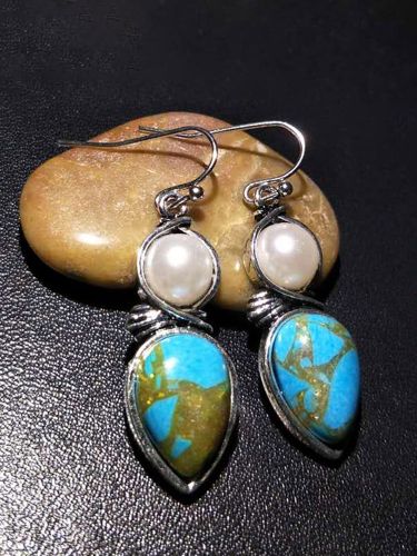 Vintage Metal Pearl Turquoise Earrings Geometric Water Drop Turquoise Pendant Earrings - Newchic - Modalova