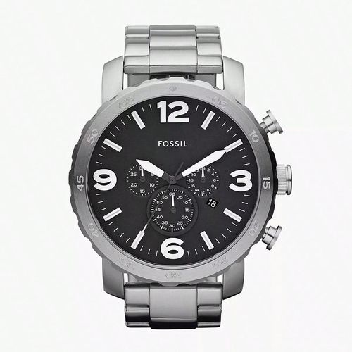Reloj de cuarzo casual para hombres Nate Chronograph JR1353, correa de acero inoxidable plateada, esfera negra redonda, adecuado para uso diario, esti - Fossil - Modalova