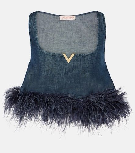 Top de denim con VGold y plumas - Valentino - Modalova