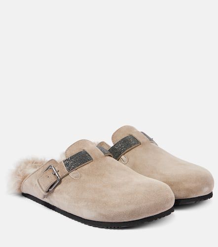 Verzierte Slippers aus Veloursleder mit Shearling - Brunello Cucinelli - Modalova