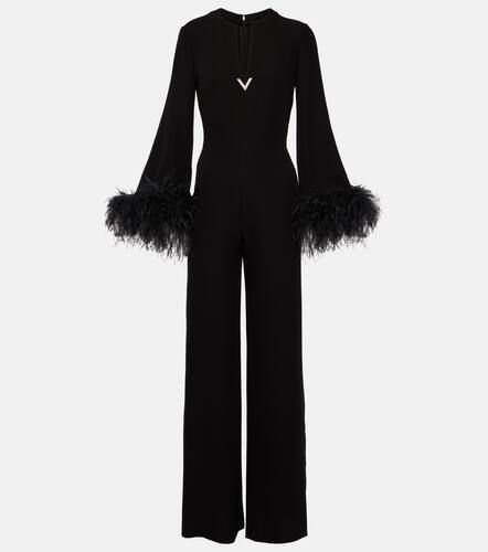 Feather-trimmed V-neck silk jumpsuit - Valentino - Modalova