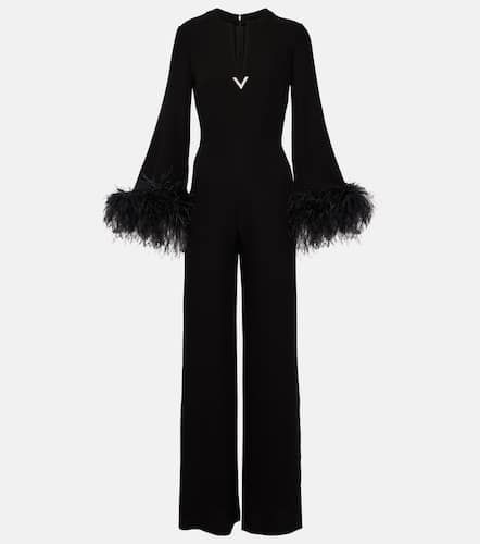 Feather-trimmed V-neck silk jumpsuit - Valentino - Modalova