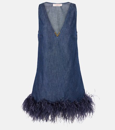 Feather-trimmed denim minidress - Valentino - Modalova