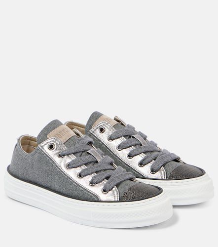 Beaded leather-trimmed canvas sneakers - Brunello Cucinelli - Modalova