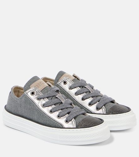 Sneakers in canvas con pelle e monili - Brunello Cucinelli - Modalova