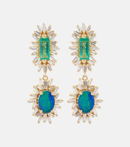 Kt gold drop earrings with diamonds and emeralds - Suzanne Kalan - Modalova