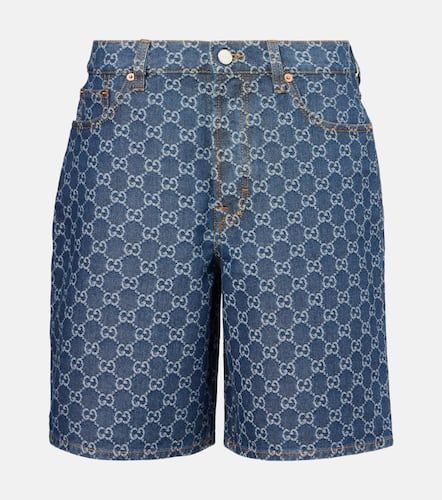 Leather-trimmed denim Bermuda shorts - Gucci - Modalova