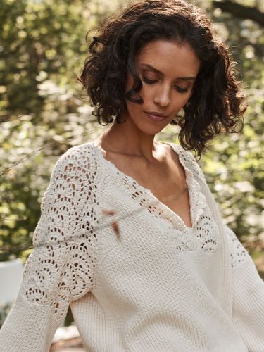 Cotton puff sleeve sweater with crochet details - REPEAT cashmere - Modalova
