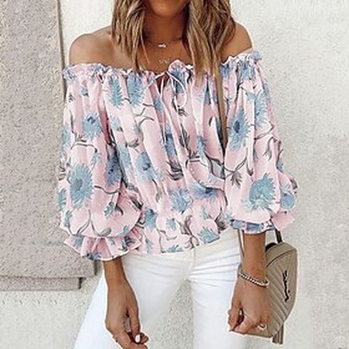 Women's T shirt Tee Floral Graphic Patterned Party Going out 3/4 Length Sleeve T shirt Tee Off Shoulder Print Puff Sleeve White Blue Pink S - Ador.com UK - Modalova